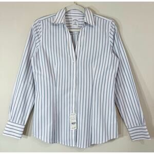 Brooks Brothers V-Neck Metallic Blue Stripe Button-Up Shirt NWT
